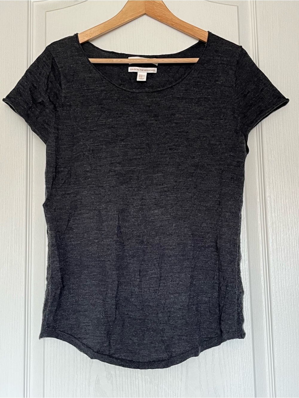 Ellen Tracy 100% Extra Fine Merino Wool Short Sleeve Top Gray XL Minimalist Cozy